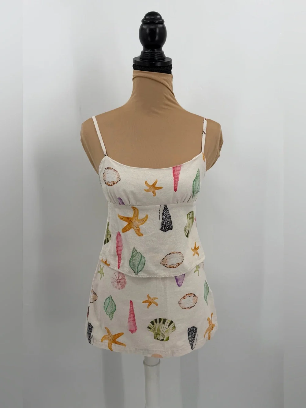 Seashell print matching set linen look XS S Coastal euro summer vacation resort